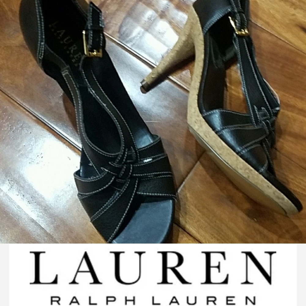 Ralph Lauren Brown Leather cork platform heels size 8.5